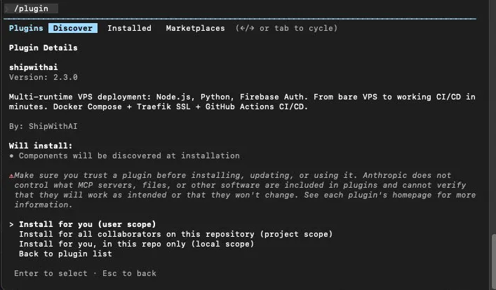 Plugin details showing scope selection: user, project, and local